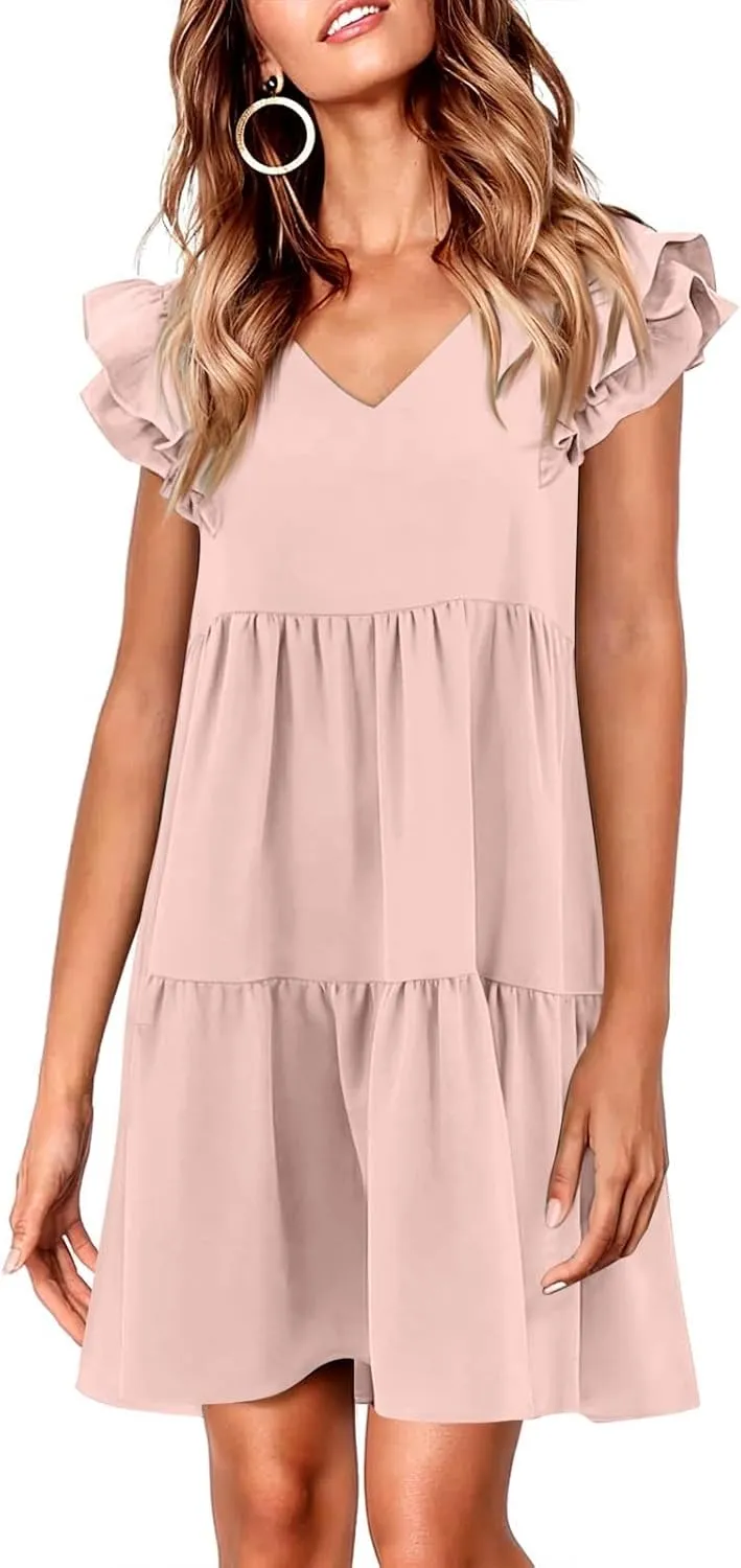Womens 2024 Summer V-Neck Sleeveless Ruffle Fashion Casual Fit Flowy Tiered Boho Swing Mini Beach Vacation Sundress