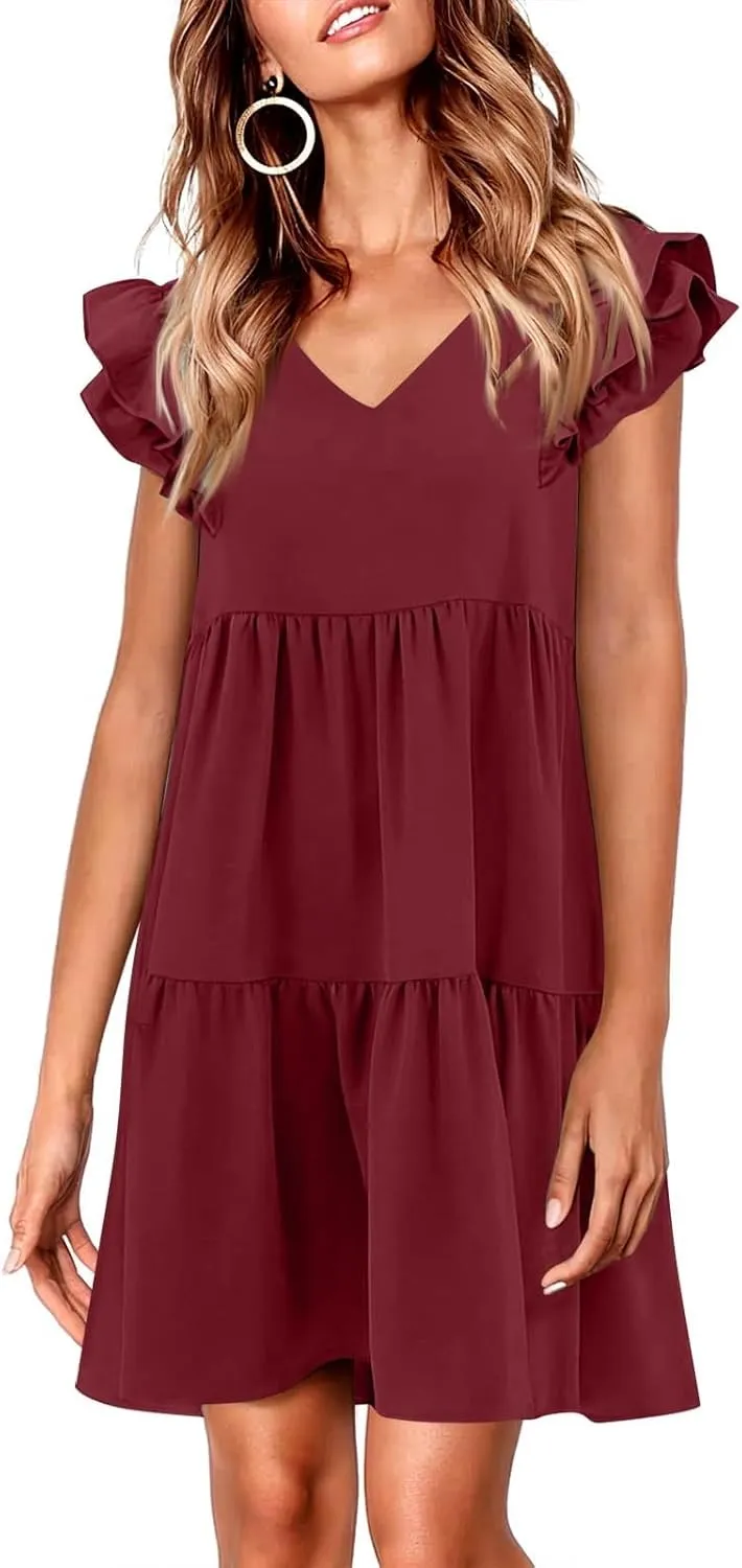 Womens 2024 Summer V-Neck Sleeveless Ruffle Fashion Casual Fit Flowy Tiered Boho Swing Mini Beach Vacation Sundress