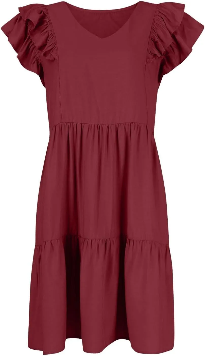 Womens 2024 Summer V-Neck Sleeveless Ruffle Fashion Casual Fit Flowy Tiered Boho Swing Mini Beach Vacation Sundress