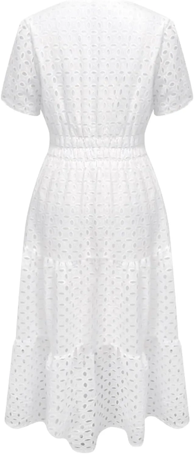 Women's 2025 Summer V Neck Hollow Out Casual Eyelet Ruffle Swing A Line Dress Short Sleeve Boho Long Maxi Dresses