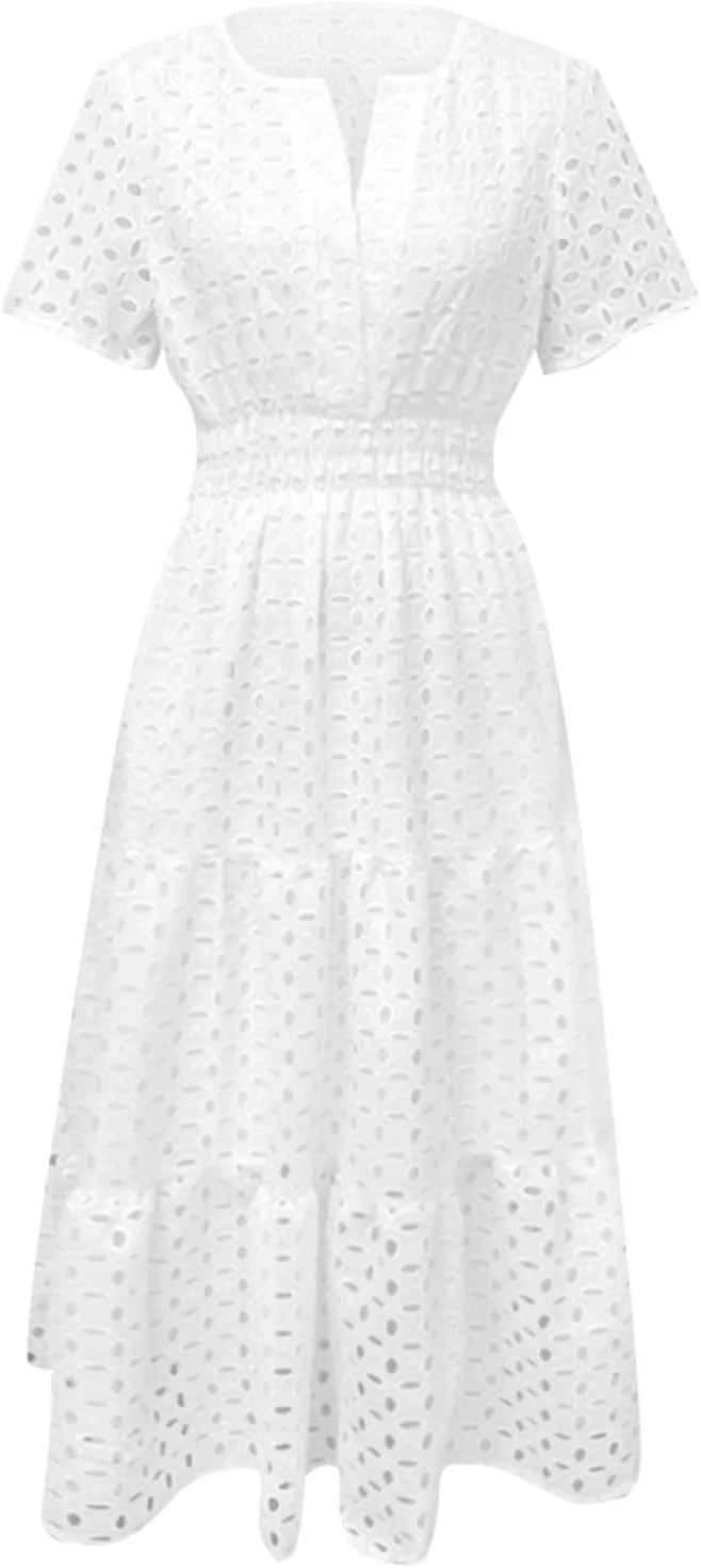 Women's 2025 Summer V Neck Hollow Out Casual Eyelet Ruffle Swing A Line Dress Short Sleeve Boho Long Maxi Dresses