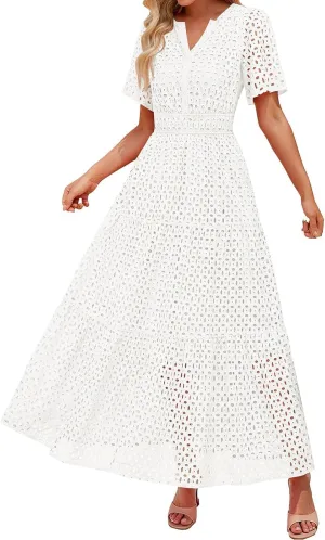 Women's 2025 Summer V Neck Hollow Out Casual Eyelet Ruffle Swing A Line Dress Short Sleeve Boho Long Maxi Dresses