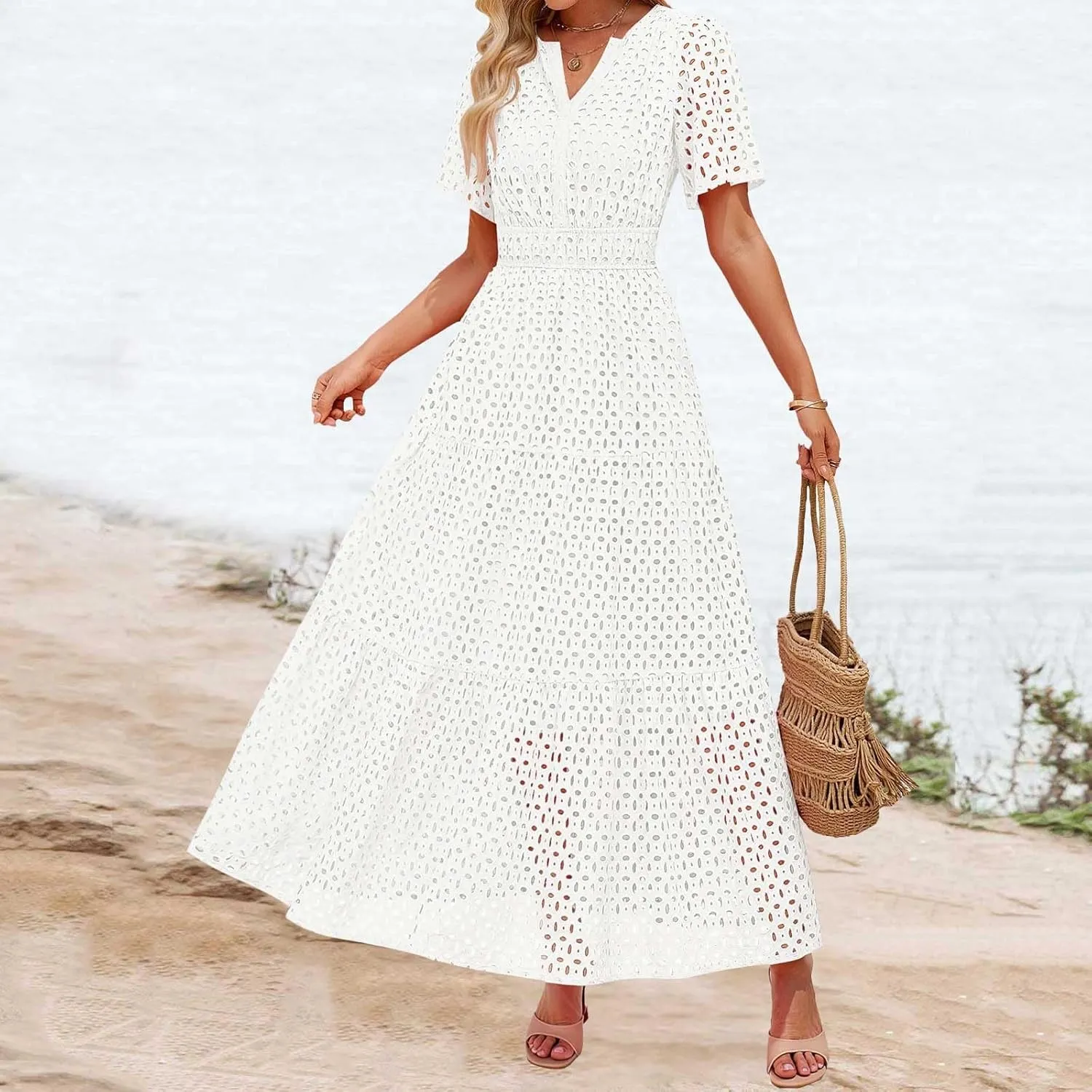 Women's 2025 Summer V Neck Hollow Out Casual Eyelet Ruffle Swing A Line Dress Short Sleeve Boho Long Maxi Dresses