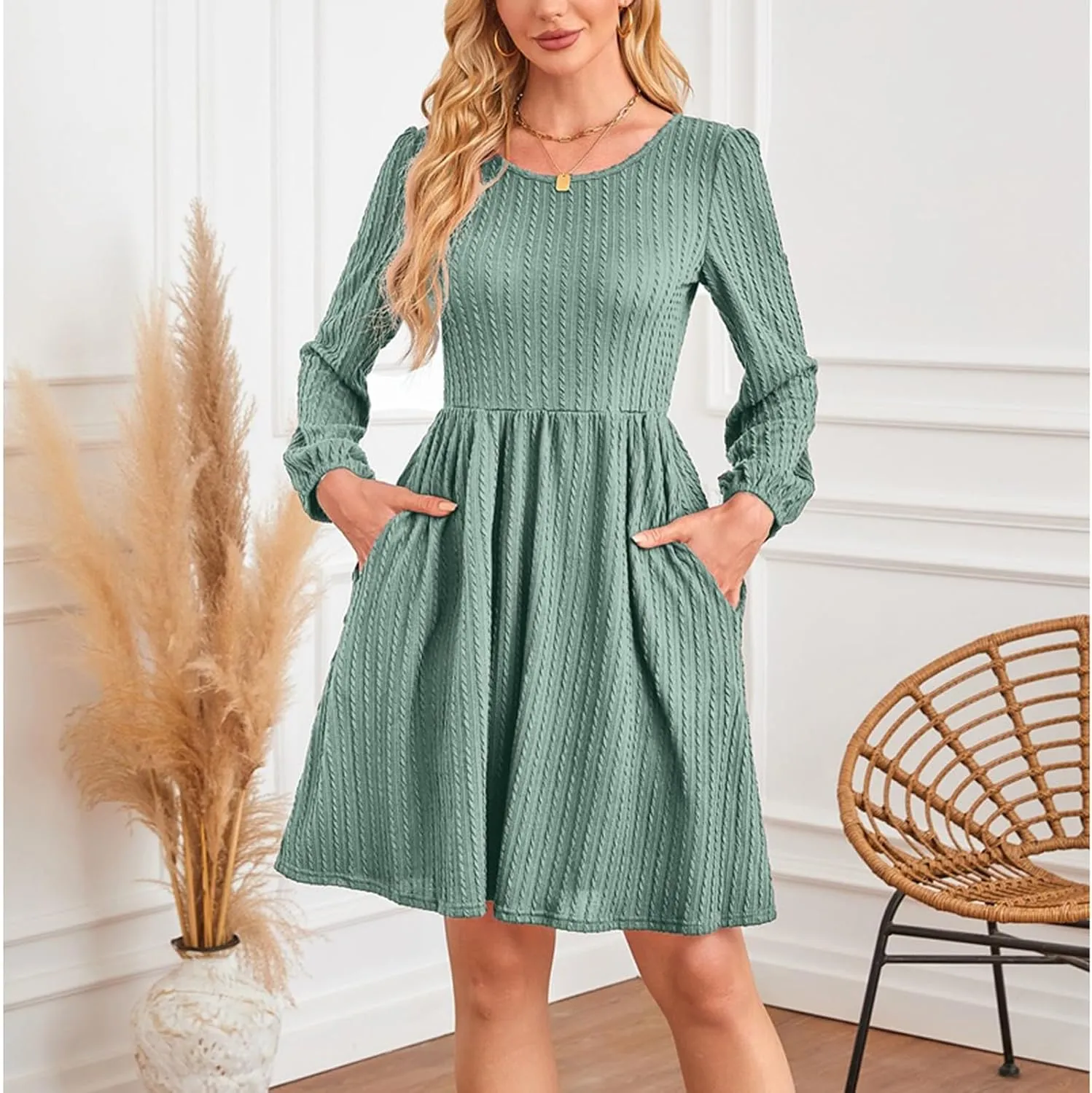 Womens 3/4 Ruffle Sleeve Mini Dress 2025 Spring Swing V Neck Vacation Beach Dresses Cute Babydoll Short Sundress