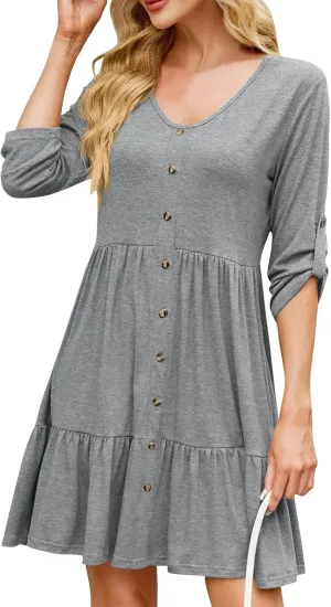 Womens 3/4 Ruffle Sleeve Mini Dress 2025 Spring Swing V Neck Vacation Beach Dresses Cute Babydoll Short Sundress