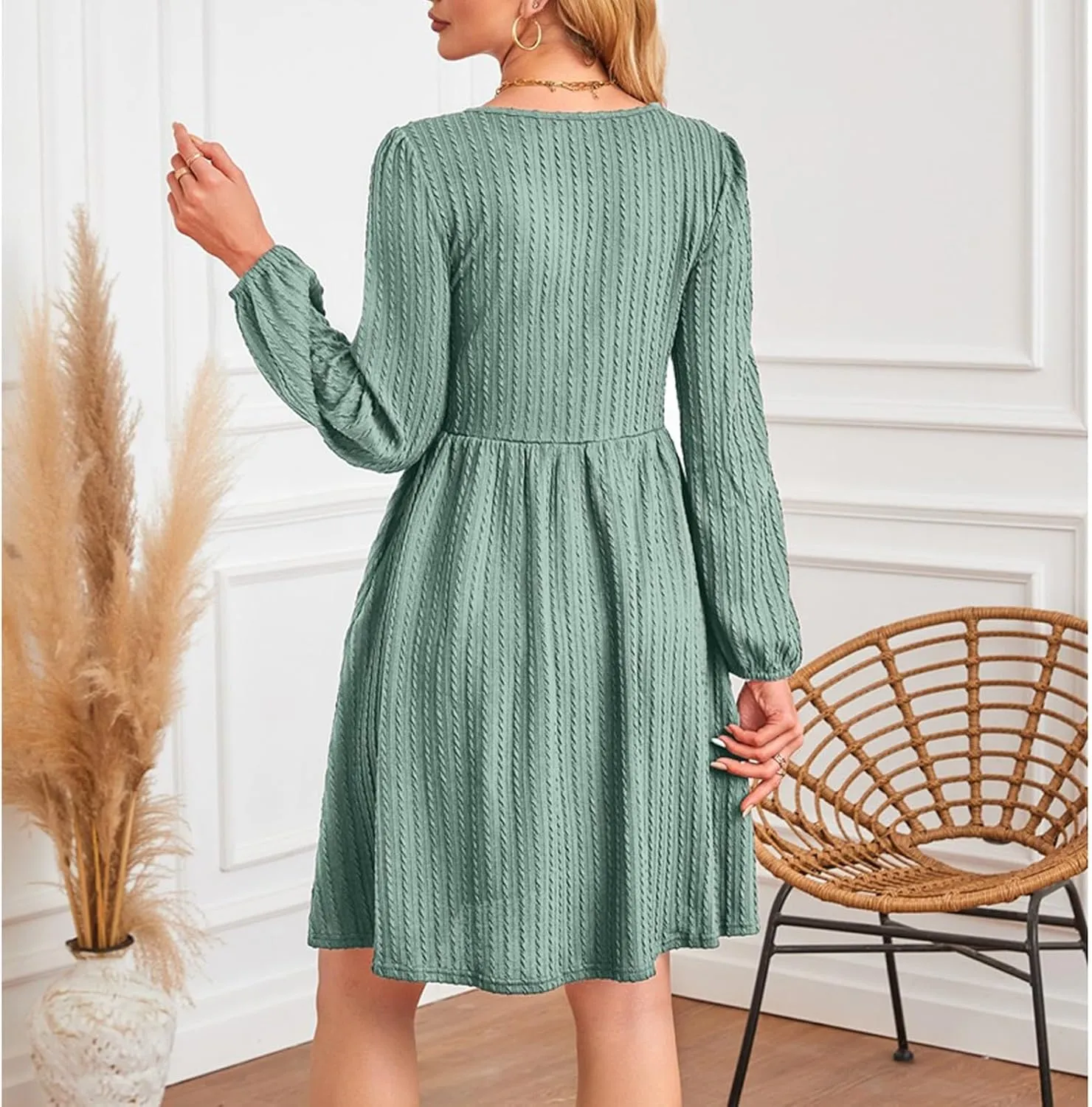 Womens 3/4 Ruffle Sleeve Mini Dress 2025 Spring Swing V Neck Vacation Beach Dresses Cute Babydoll Short Sundress