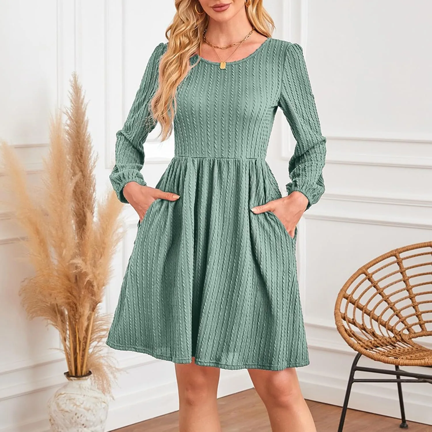 Womens 3/4 Ruffle Sleeve Mini Dress 2025 Spring Swing V Neck Vacation Beach Dresses Cute Babydoll Short Sundress