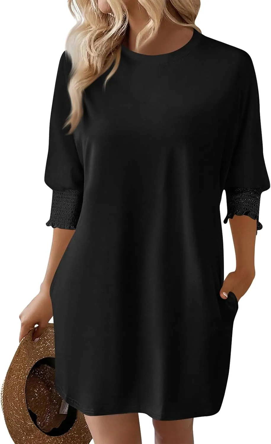 Women's 3/4 Sleeve A-line Flare Midi Long Dress Plus Size 2025 Fashion Swing Irregular Hem A Line Flowy Pleated Dress