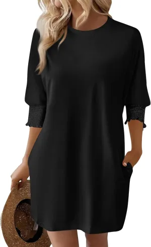 Women's 3/4 Sleeve A-line Flare Midi Long Dress Plus Size 2025 Fashion Swing Irregular Hem A Line Flowy Pleated Dress