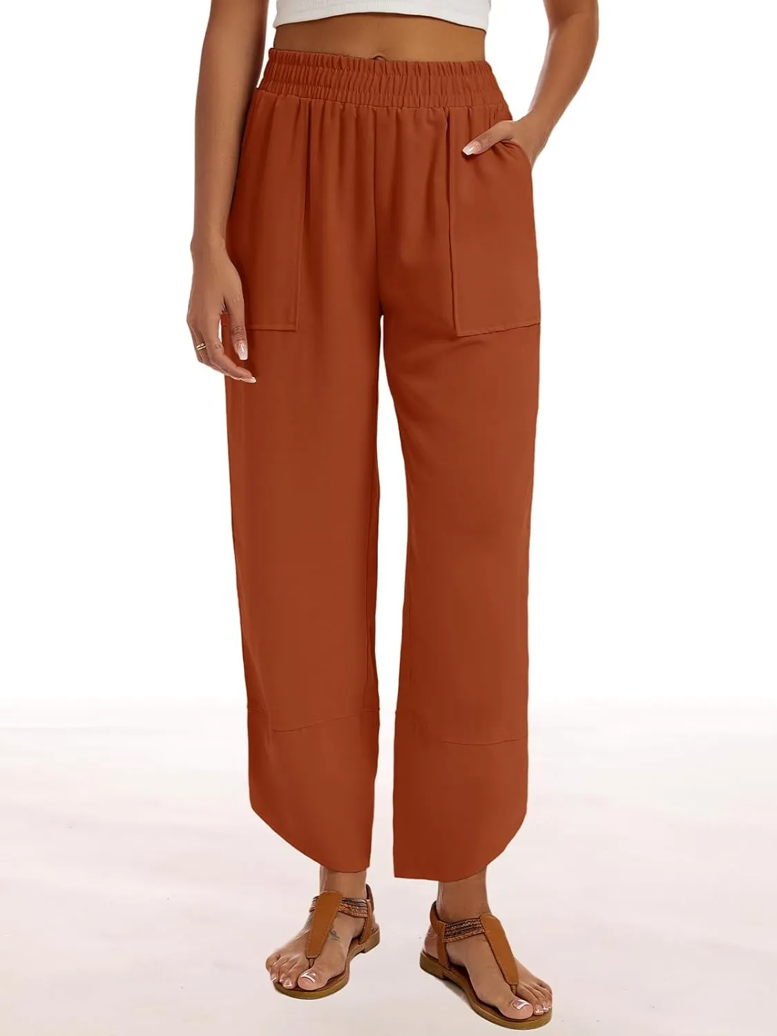 Womens Baggy Wide Leg Pants Casual Elastic Waisted Lounge Pants Palazzo Harem Pants Trousers with Pockets