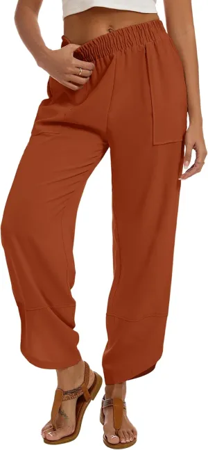 Womens Baggy Wide Leg Pants Casual Elastic Waisted Lounge Pants Palazzo Harem Pants Trousers with Pockets