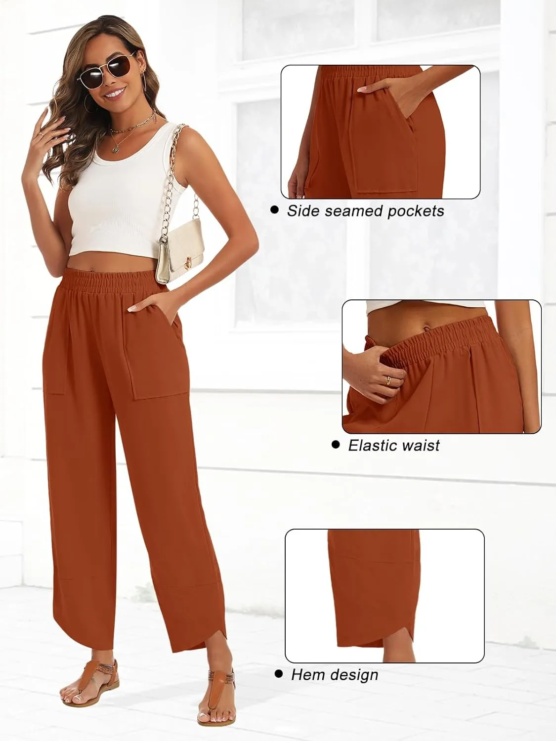 Womens Baggy Wide Leg Pants Casual Elastic Waisted Lounge Pants Palazzo Harem Pants Trousers with Pockets