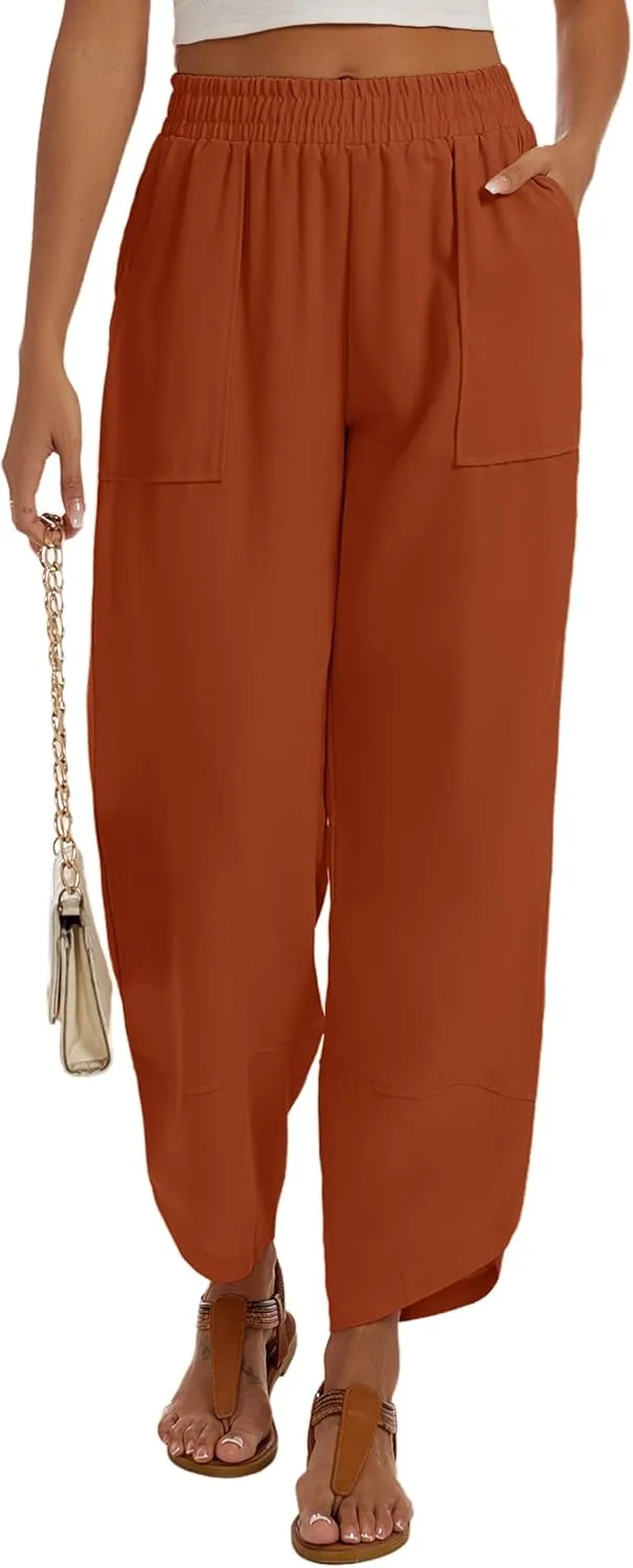 Womens Baggy Wide Leg Pants Casual Elastic Waisted Lounge Pants Palazzo Harem Pants Trousers with Pockets
