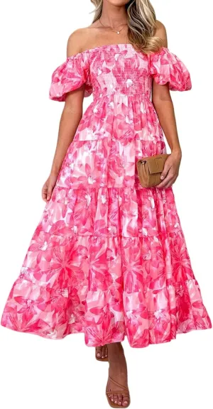 Womens Boho Floral Dress Long Square Neck Puff Short Sleeve Dress Casual Flowy Beach Vacation Sundress