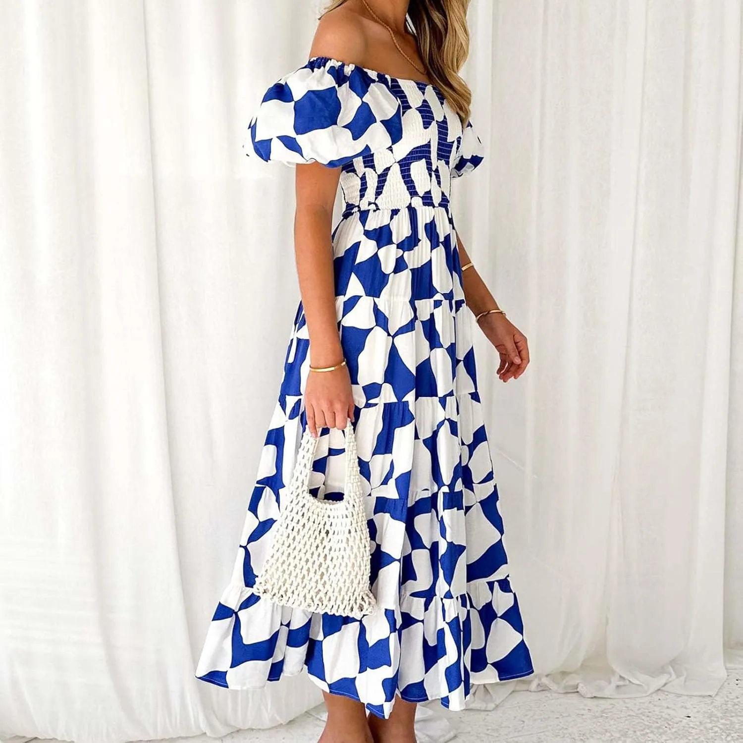 Womens Boho Floral Dress Long Square Neck Puff Short Sleeve Dress Casual Flowy Beach Vacation Sundress