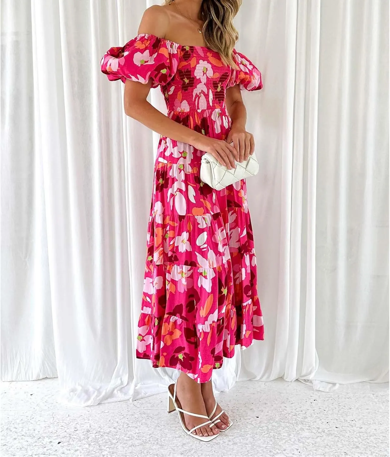 Womens Boho Floral Dress Long Square Neck Puff Short Sleeve Dress Casual Flowy Beach Vacation Sundress