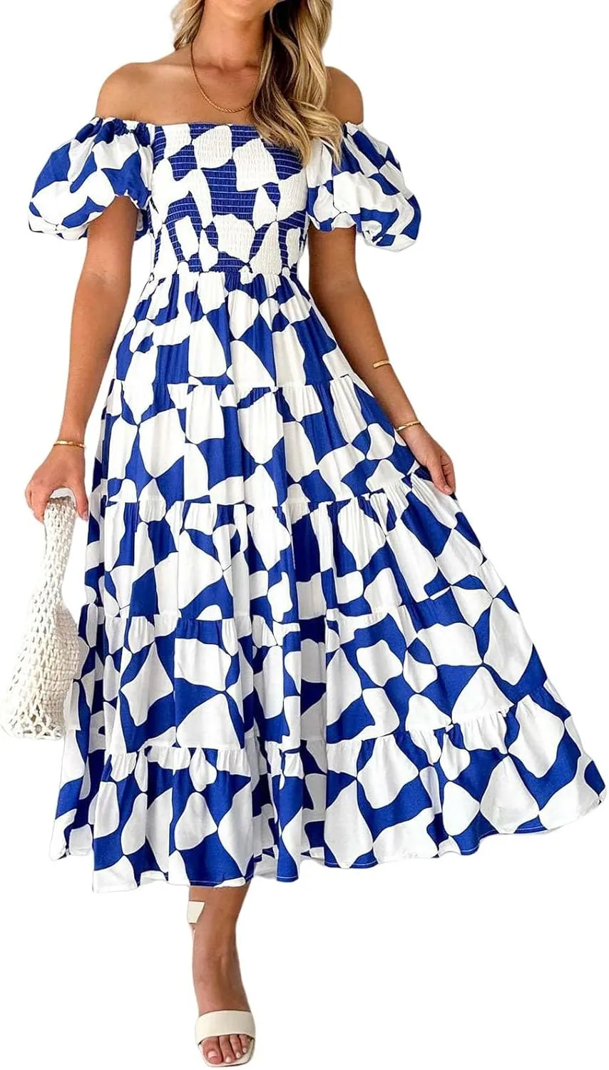 Womens Boho Floral Dress Long Square Neck Puff Short Sleeve Dress Casual Flowy Beach Vacation Sundress