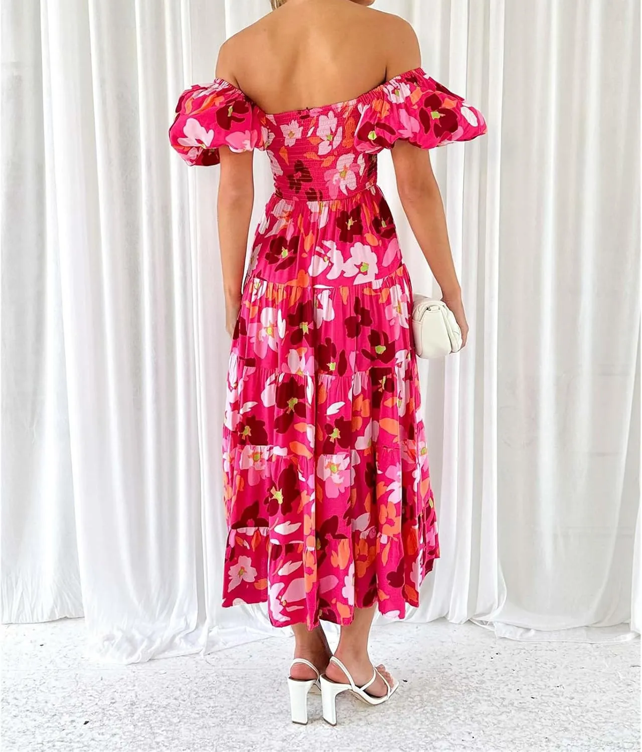 Womens Boho Floral Dress Long Square Neck Puff Short Sleeve Dress Casual Flowy Beach Vacation Sundress