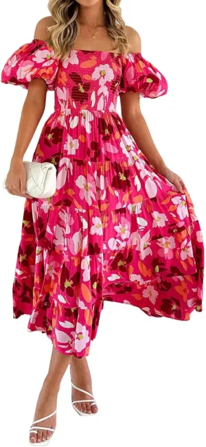 Womens Boho Floral Dress Long Square Neck Puff Short Sleeve Dress Casual Flowy Beach Vacation Sundress