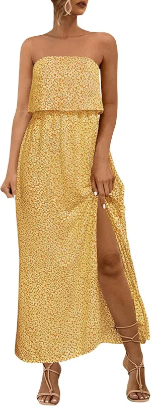 Women's Boho Floral Print Off Shoulder Split Long A Line Dress Floral Short Sleeve A Line Beach Vacation Dresses