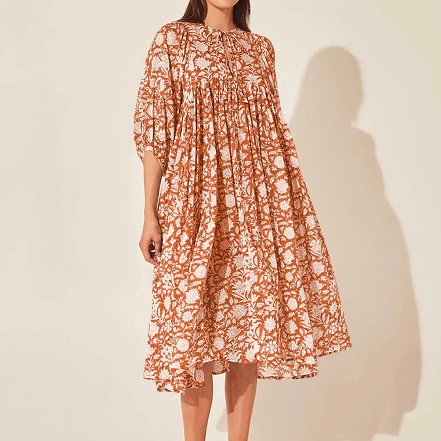 Womens Boho Maxi Dresses Summer Floral 3/4 Puff Sleeve Flowy Swing Tiered Long Beach Sundresses Vacation Outfits