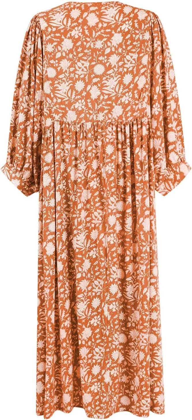 Womens Boho Maxi Dresses Summer Floral 3/4 Puff Sleeve Flowy Swing Tiered Long Beach Sundresses Vacation Outfits