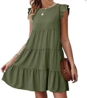 Womens Boho Solid Printed Dress Ruffle Sleeve Tiered Beach Dresses Loose Casual Flowy Swing Short Mini T-Shirt Dress