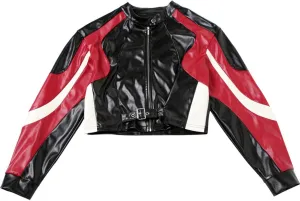 Women's Bomber Baseball Varsity Jacket Motorcycle Contrast Color Slim Round Neck Short Faux Leather Jacket