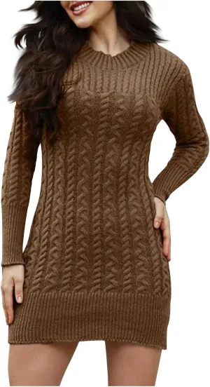 Women's Cabel Knit Bodycon Mini Dress Long Sleeve Fall Crewneck Mini Dress Cocktarl Party Pullover Sweater Dresses
