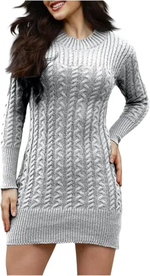 Women's Cabel Knit Bodycon Mini Dress Long Sleeve Fall Crewneck Mini Dress Cocktarl Party Pullover Sweater Dresses