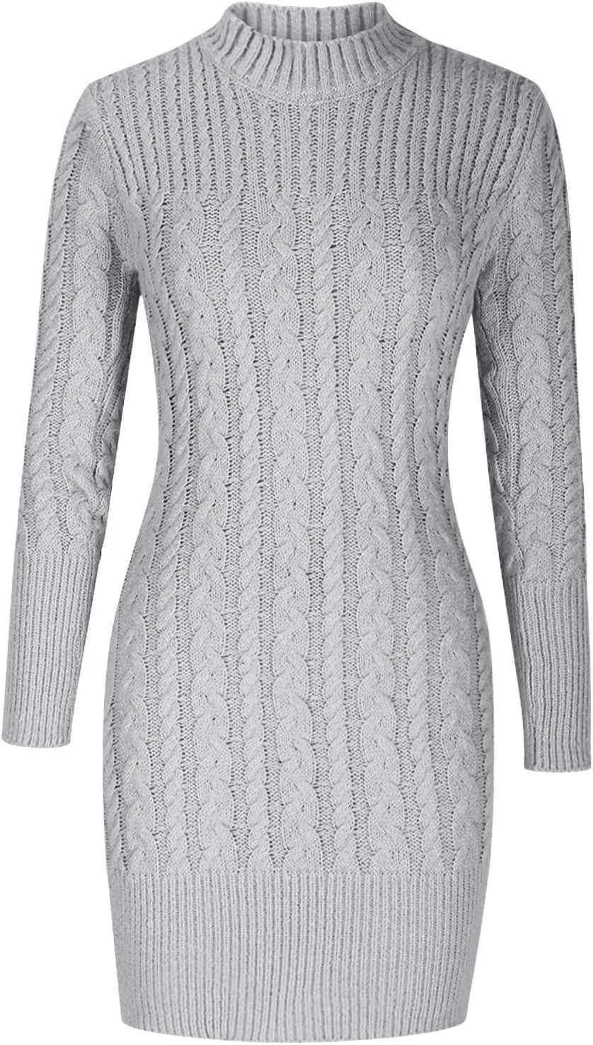 Women's Cabel Knit Bodycon Mini Dress Long Sleeve Fall Crewneck Mini Dress Cocktarl Party Pullover Sweater Dresses