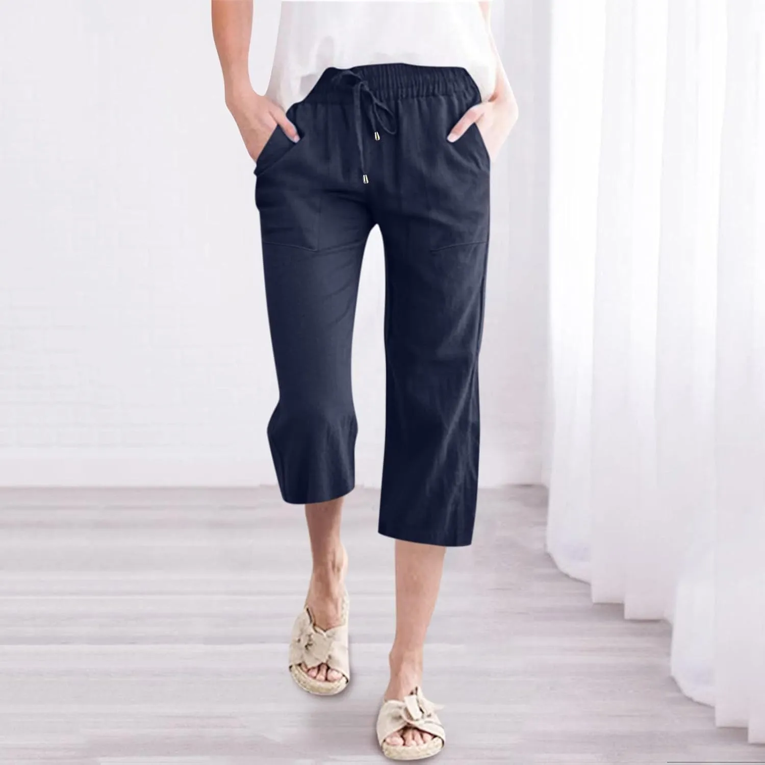 Women's Capri Summer Cotton Linen Pants Casual 2025 Drawstring Elastic Waist Cropped Trousers Beach Clothes