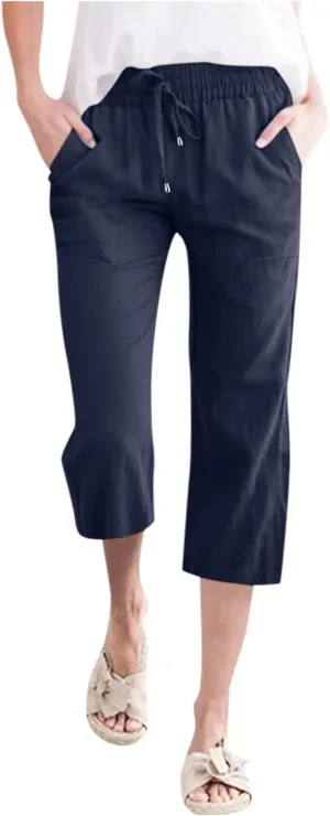 Women's Capri Summer Cotton Linen Pants Casual 2025 Drawstring Elastic Waist Cropped Trousers Beach Clothes