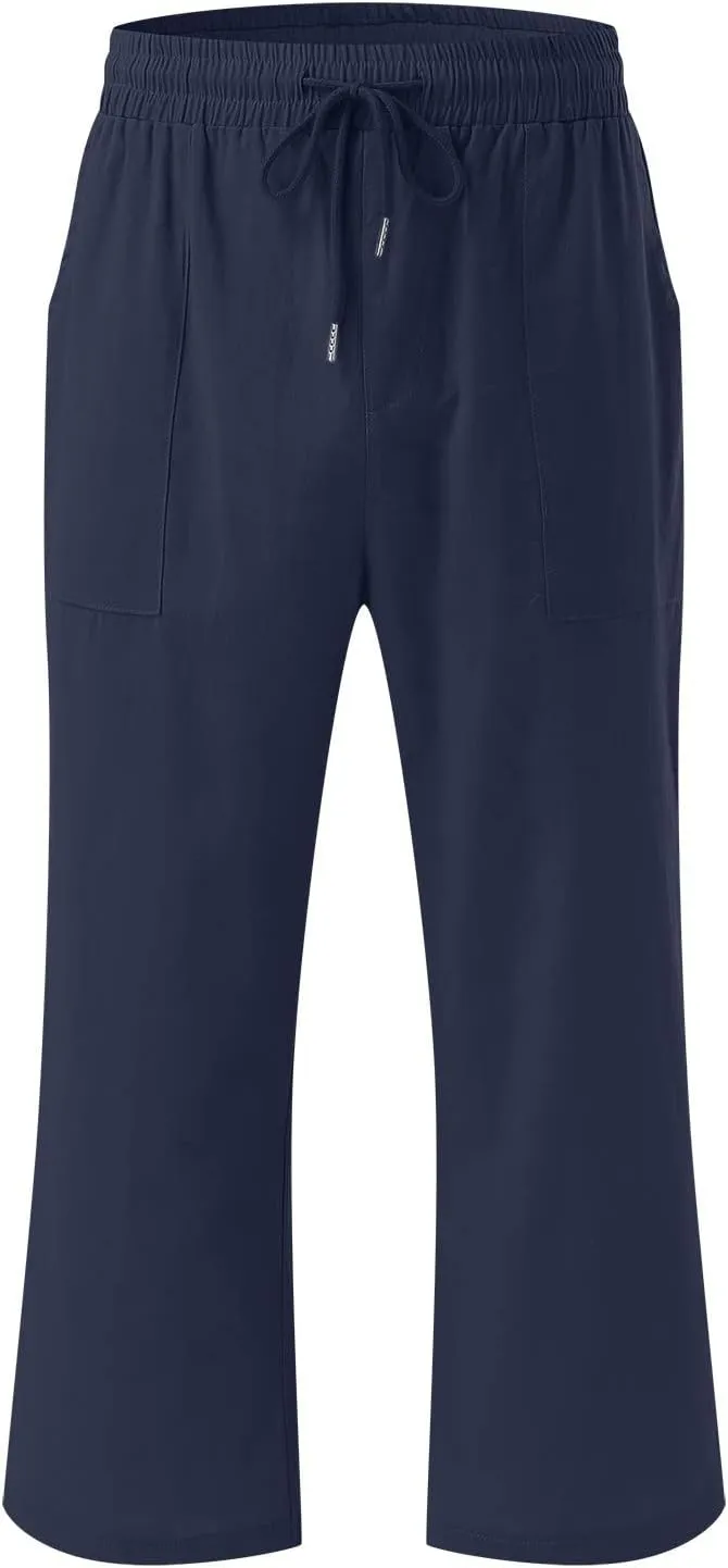 Women's Capri Summer Cotton Linen Pants Casual 2025 Drawstring Elastic Waist Cropped Trousers Beach Clothes