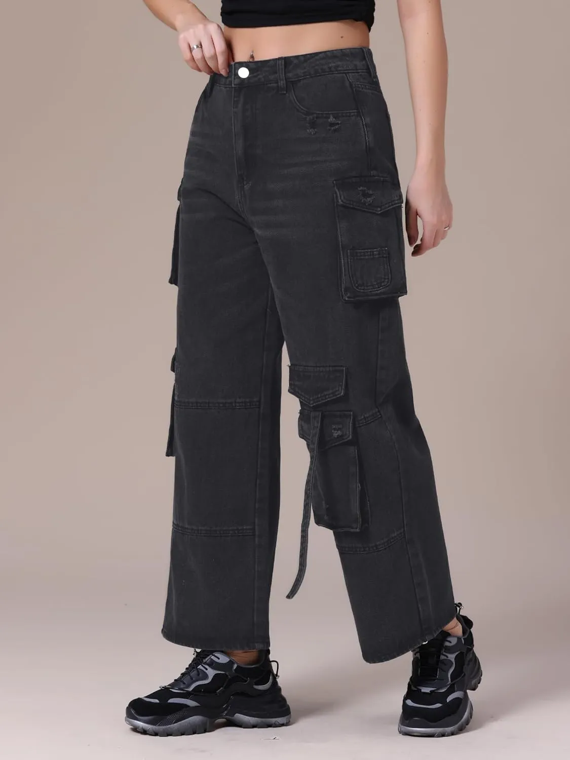 Women's Cargo Jeans Straight Wide Leg High Waist 8 Pockets Casual Baggy Denim Pants