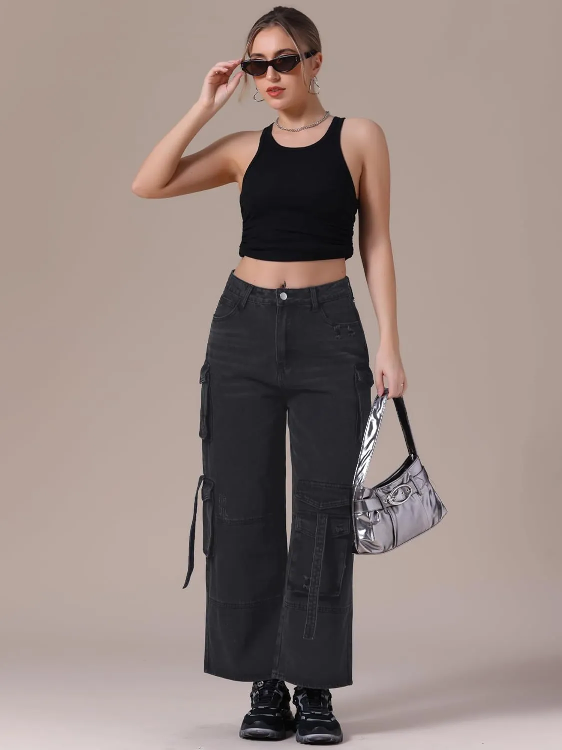 Women's Cargo Jeans Straight Wide Leg High Waist 8 Pockets Casual Baggy Denim Pants