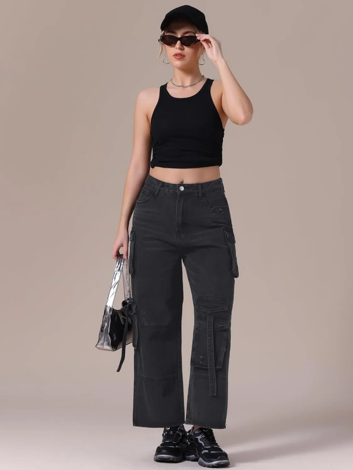 Women's Cargo Jeans Straight Wide Leg High Waist 8 Pockets Casual Baggy Denim Pants