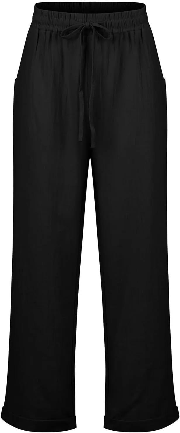 Women's Casual Cotton Linen Pants Drawstring High Waist Loose Fit Summer Pants Lounge Beach Trousers with Pockets