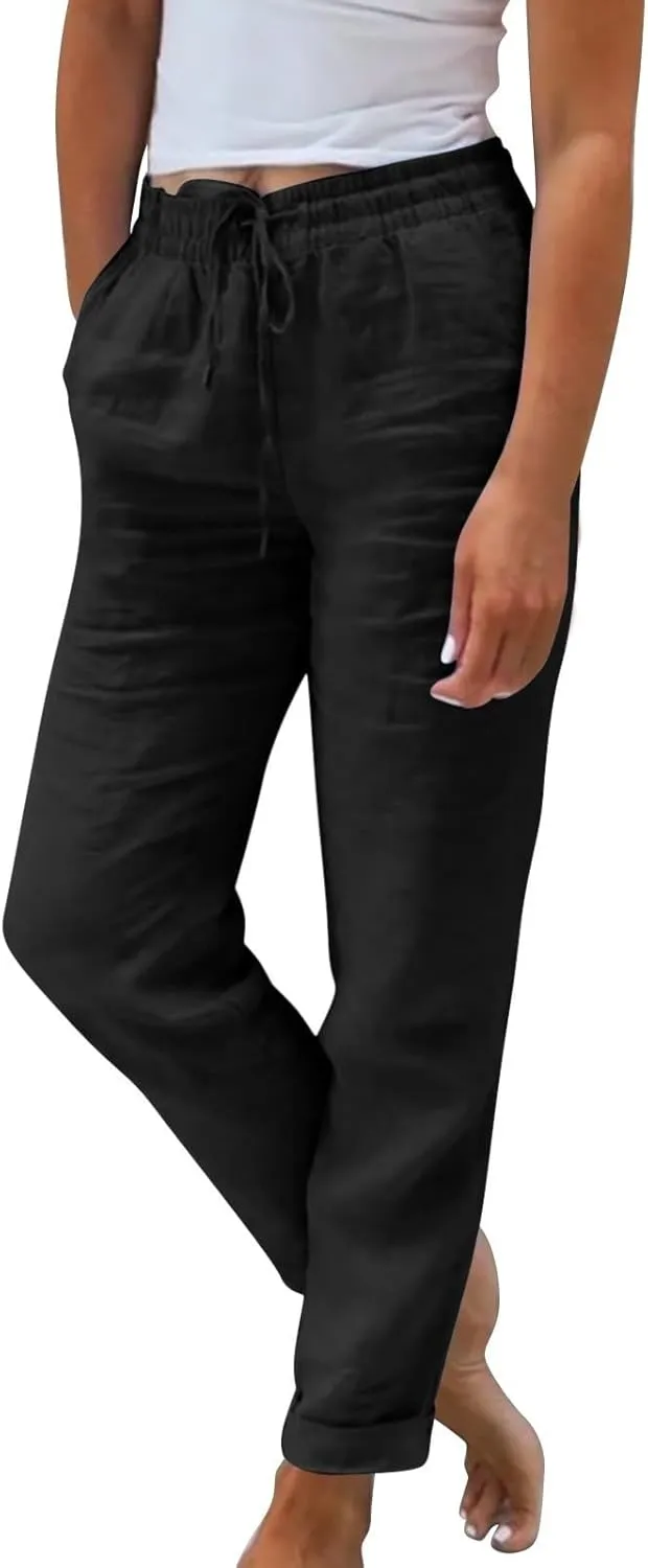 Women's Casual Cotton Linen Pants Drawstring High Waist Loose Fit Summer Pants Lounge Beach Trousers with Pockets