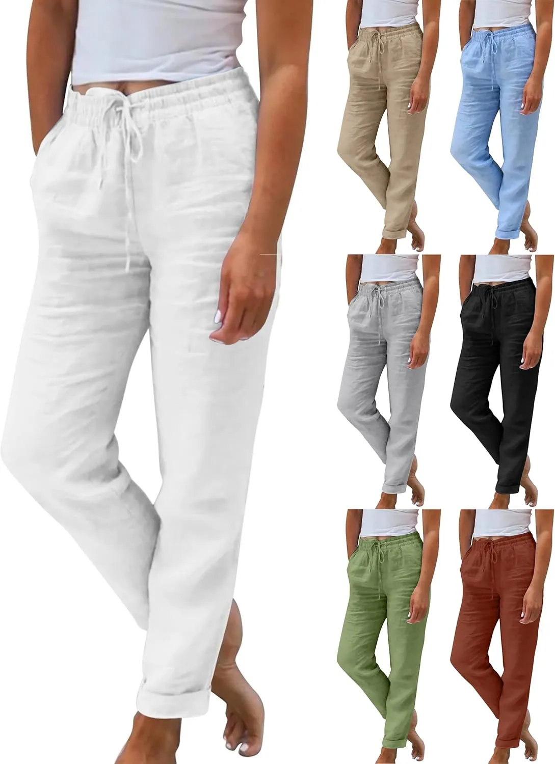 Women's Casual Cotton Linen Pants Drawstring High Waist Loose Fit Summer Pants Lounge Beach Trousers with Pockets