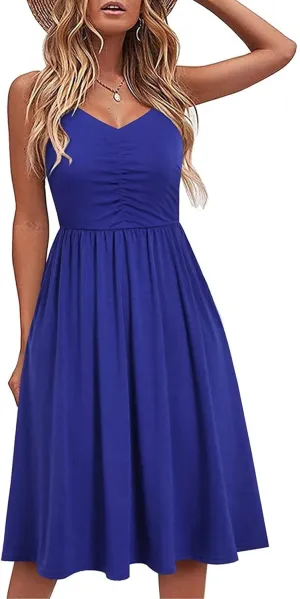Women's Casual Dresses Summer Pleated Dress Sexy Spaghetti Strap Dresses Sleeveless V Neck Solid Tiered Clothes