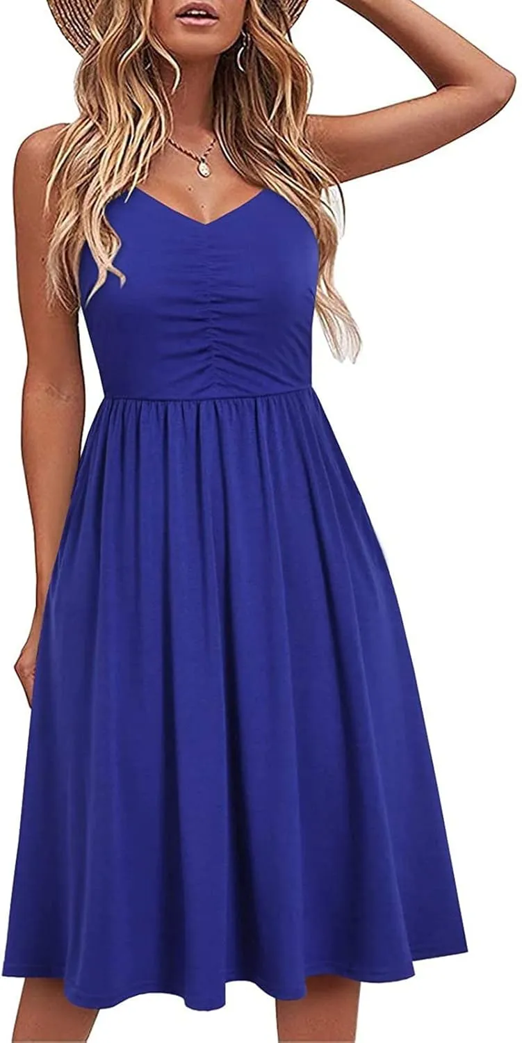 Women's Casual Dresses Summer Pleated Dress Sexy Spaghetti Strap Dresses Sleeveless V Neck Solid Tiered Clothes