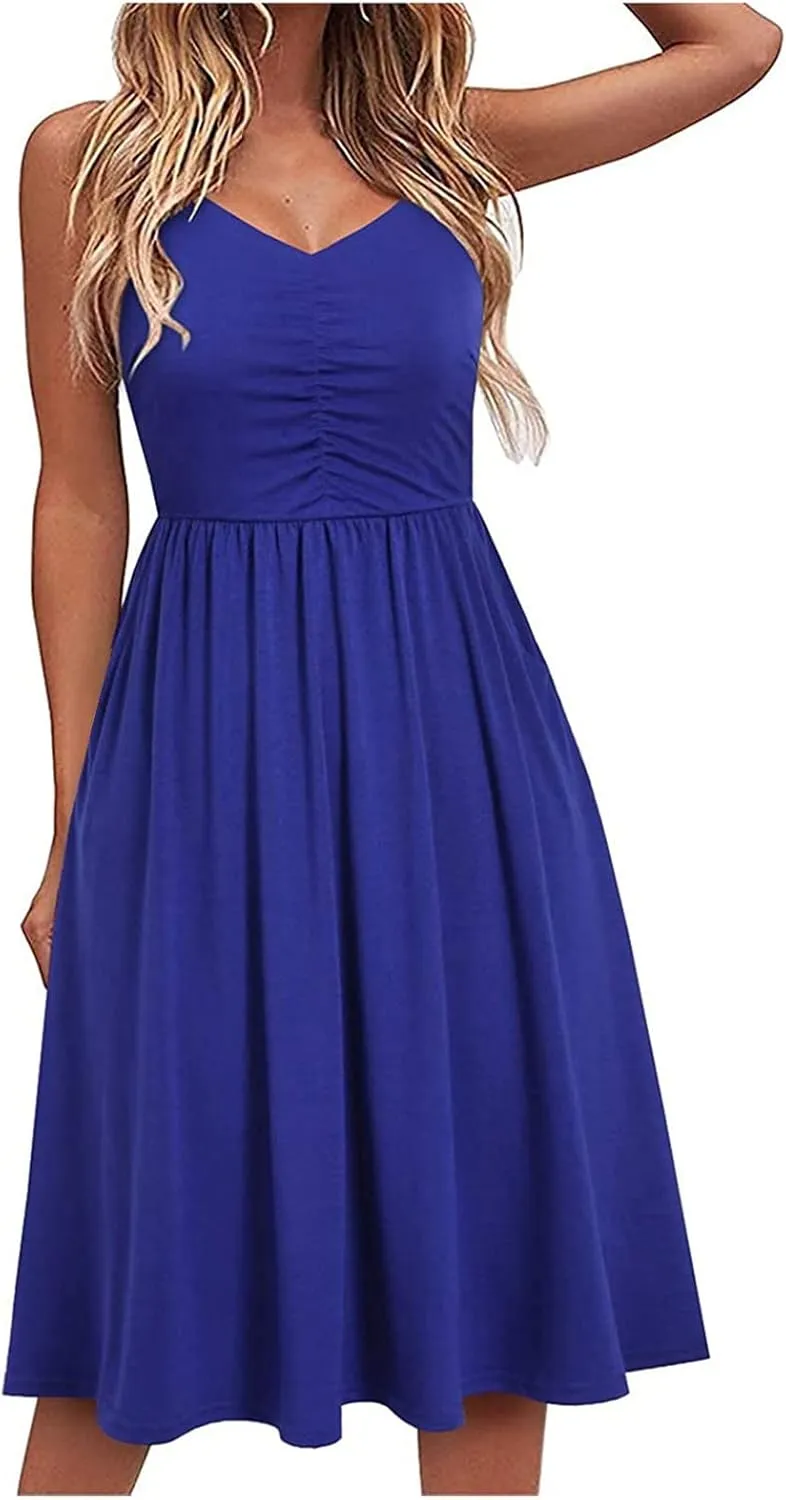 Women's Casual Dresses Summer Pleated Dress Sexy Spaghetti Strap Dresses Sleeveless V Neck Solid Tiered Clothes