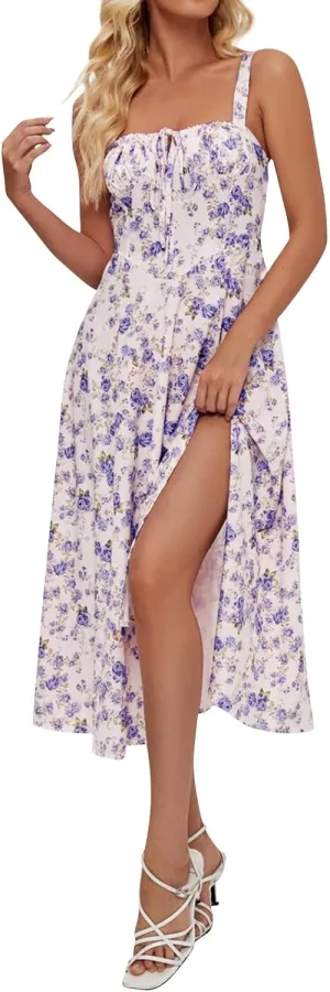 Women's Casual Floral Printed Long Beach Wedding Guest Dresses Spaghetti Strap V-Neck Floral Short Party Dress