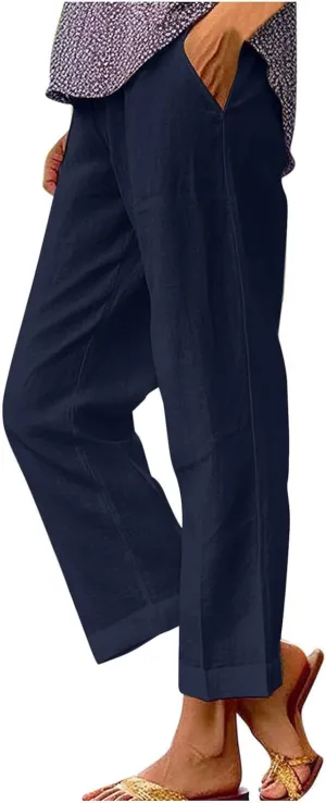 Women's Casual Linen Pants Baggy Elastic-Waisted Straight Leg Cropped Pants Cotton Lounge Trousers Loose Capri Pants