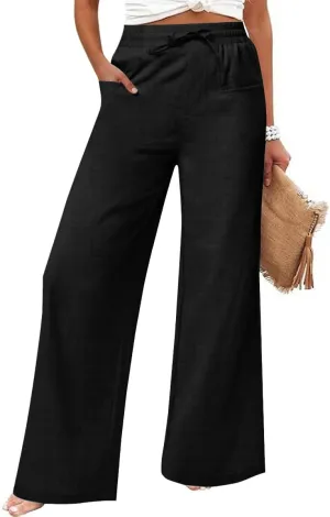 Women's Casual Linen Wide Leg Pants with Pockets Boho Palazzo High Waisted Drawstring Lounge Trousers