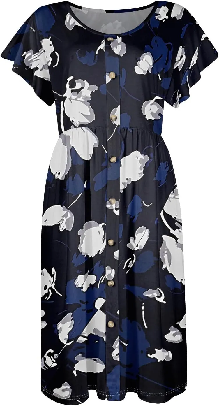 Womens Casual Round Neck 2025 Dresses Fly Sleeve Fashion Printed Sexy Button Pocket Summer Midi Slim Party Dress