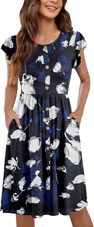 Womens Casual Round Neck 2025 Dresses Fly Sleeve Fashion Printed Sexy Button Pocket Summer Midi Slim Party Dress