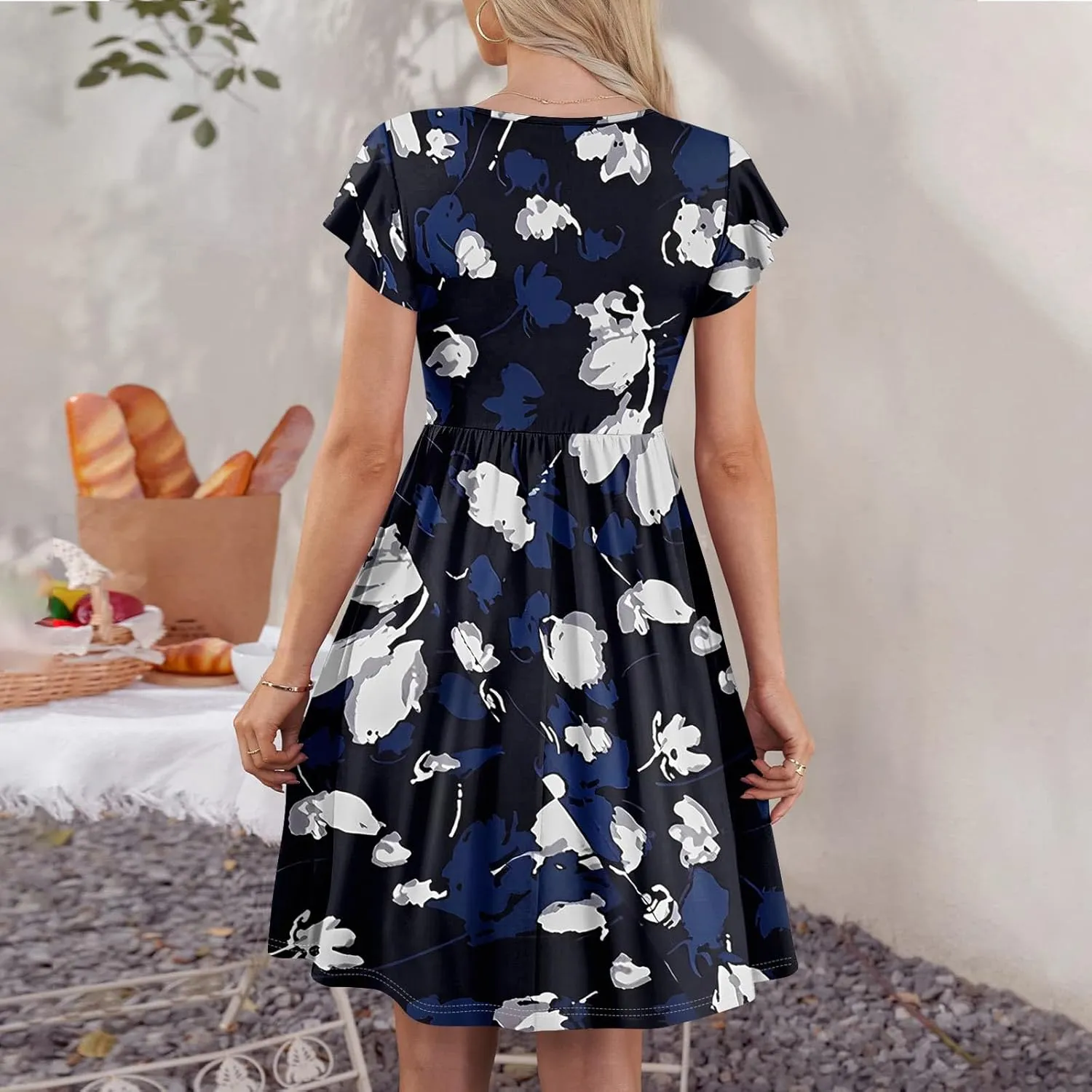 Womens Casual Round Neck 2025 Dresses Fly Sleeve Fashion Printed Sexy Button Pocket Summer Midi Slim Party Dress