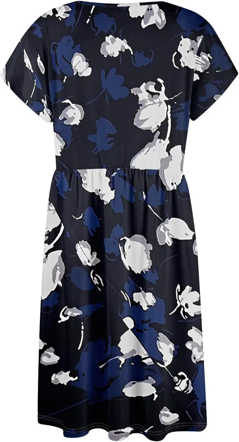 Womens Casual Round Neck 2025 Dresses Fly Sleeve Fashion Printed Sexy Button Pocket Summer Midi Slim Party Dress